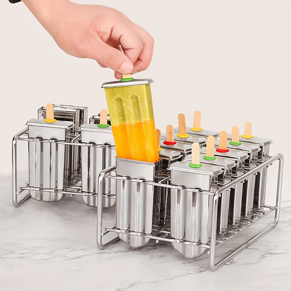 Juego de 6/10 moldes para paletas de hielo de acero inoxidable 304 con tapa y base de soporte para paletas de hielo de acero inoxidable y molde de paleta de hielo de metal DIY para hacer paletas de frutas creativas, herramientas de cocina