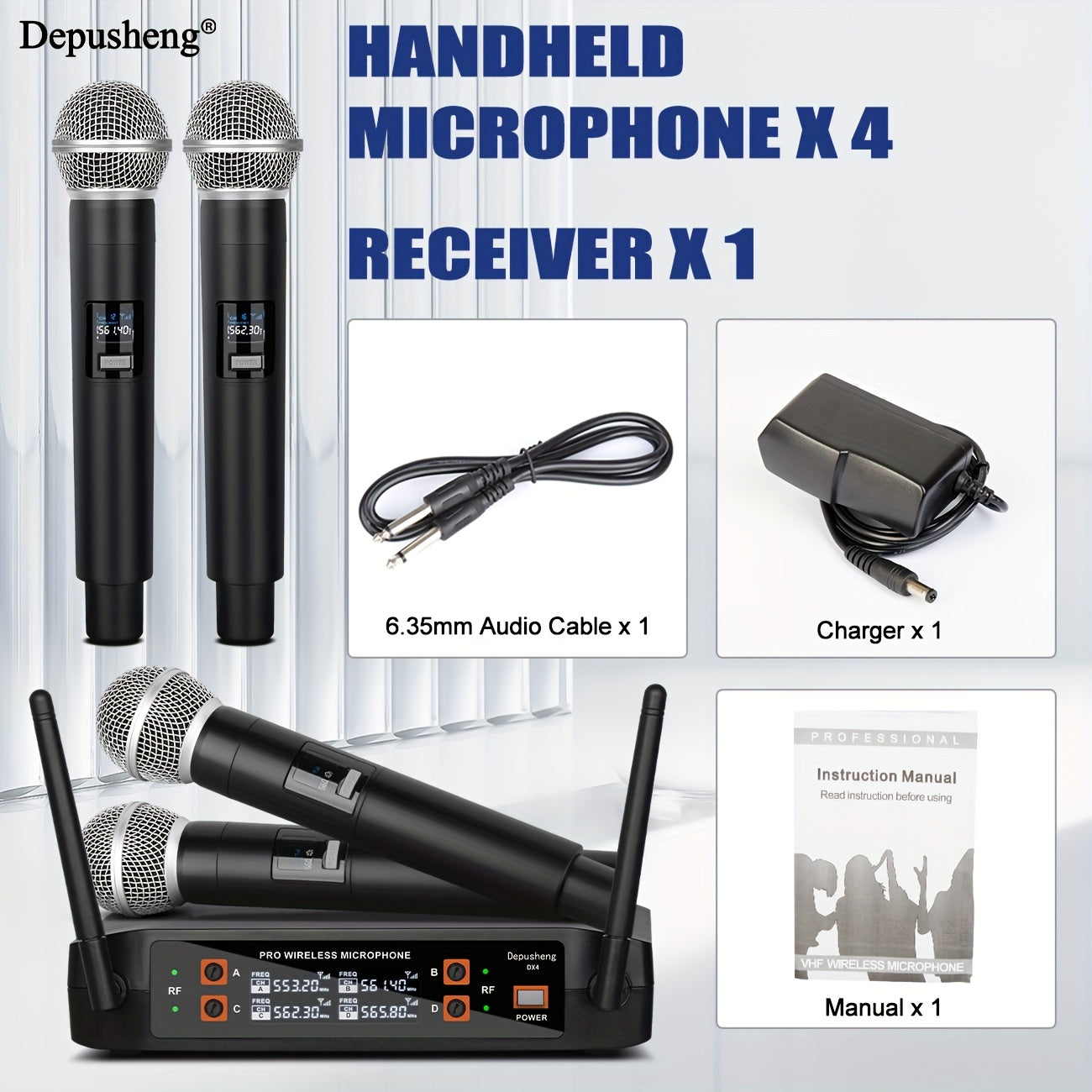 Sistema de micrófono inalámbrico de 4 canales Depusheng, micrófono inalámbrico portátil sin cable, para iglesia, DJ, bodas, fiestas, karaoke, presentaciones de clase.