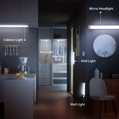 Conjunto de 8 Luces LED con Sensor de Movimiento para Armarios, Recargables por USB y Batería (200mAh), Ahorro de Energía Montadas en la Pared para Cocina, Guardarropa, Escalera, Pasillo y Estante - Diseño Blanco Elegante y Moderno