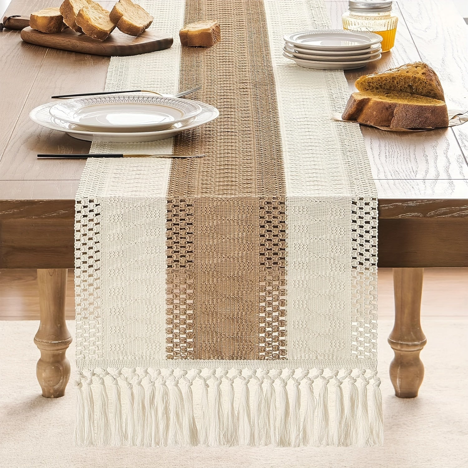 1 pza. Camino de mesa de poliéster tejido a mano estilo bohemio, con borlas, camino de mesa de estilo rústico para mesa de centro, mantel color crema y marrón, adecuado para bodas, catering, fiestas, vacaciones y decoración del hogar, decoración navideña