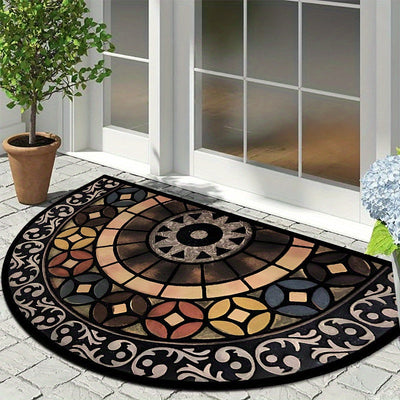 Alfombra de lujo vintage de media luna para entrada - Terciopelo de cristal grueso, respaldo antideslizante con estampado moderno para sala de estar, dormitorio y entrada