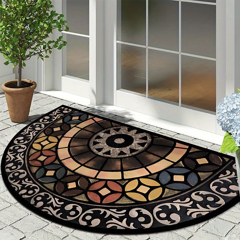 Alfombra de lujo vintage de media luna para entrada - Terciopelo de cristal grueso, respaldo antideslizante con estampado moderno para sala de estar, dormitorio y entrada