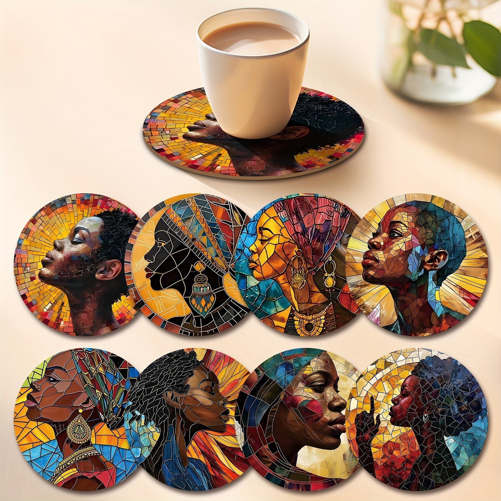8 posavasos de madera de inspiración africana - Lavado a mano, resistente al calor, diseño vibrante y colorido para bebidas, café, oficina, cocina, mesa de comedor - Ideal para decoración del hogar y del restaurante, regalo perfecto