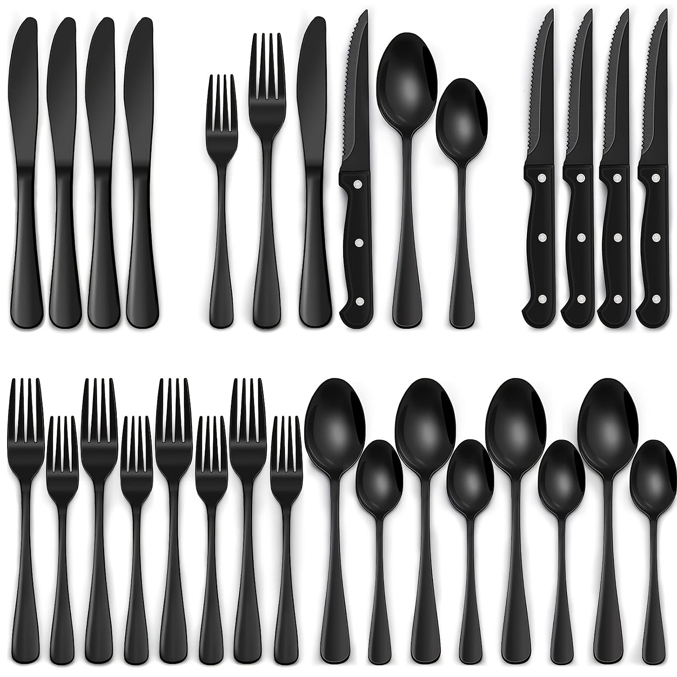 Juego de vajilla de acero inoxidable negro de 24/48 piezas, que incluye cuchillos para bistec, tenedores, cucharas, tenedores y cucharas para postres, adecuado para cocina doméstica/restaurante/hotel/exteriores/fiesta/Día de Halloween/Día del Padre, apto