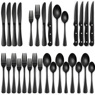 Juego de vajilla de acero inoxidable negro de 24/48 piezas, que incluye cuchillos para bistec, tenedores, cucharas, tenedores y cucharas para postres, adecuado para cocina doméstica/restaurante/hotel/exteriores/fiesta/Día de Halloween/Día del Padre, apto