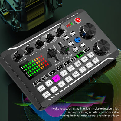 Interfaz de audio de transmisión en vivo con alimentación USB, F998, con efectos de DJ y cambiador de voz, plástico negro, batería recargable, para transmisión en vivo/blog/juego