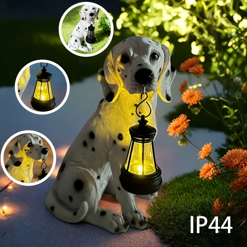 Lámpara de perro Dálmata Solar XXOASIS, decoración de resina para exterior, impermeable, acabado de encaúste, control de interruptor, batería de níquel alimentada por energía solar, ideal para patio, jardín, estanque, decoración de jardín, regalo para am