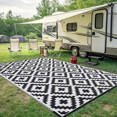 Alfombra Exterior de Poliéster 100% Premium - Patrón Geométrico y Blanco Duradero Lavable en Máquina para Interior/Exterior, Patio, Terraza, Camping, Entrada, Alfombras para Puerta Principal, Decoración de Patio