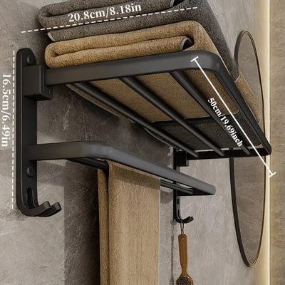 Porta toallas plegable de 50 cm, color negro mate, con gancho, montaje en pared, aluminio, soporte utilitario