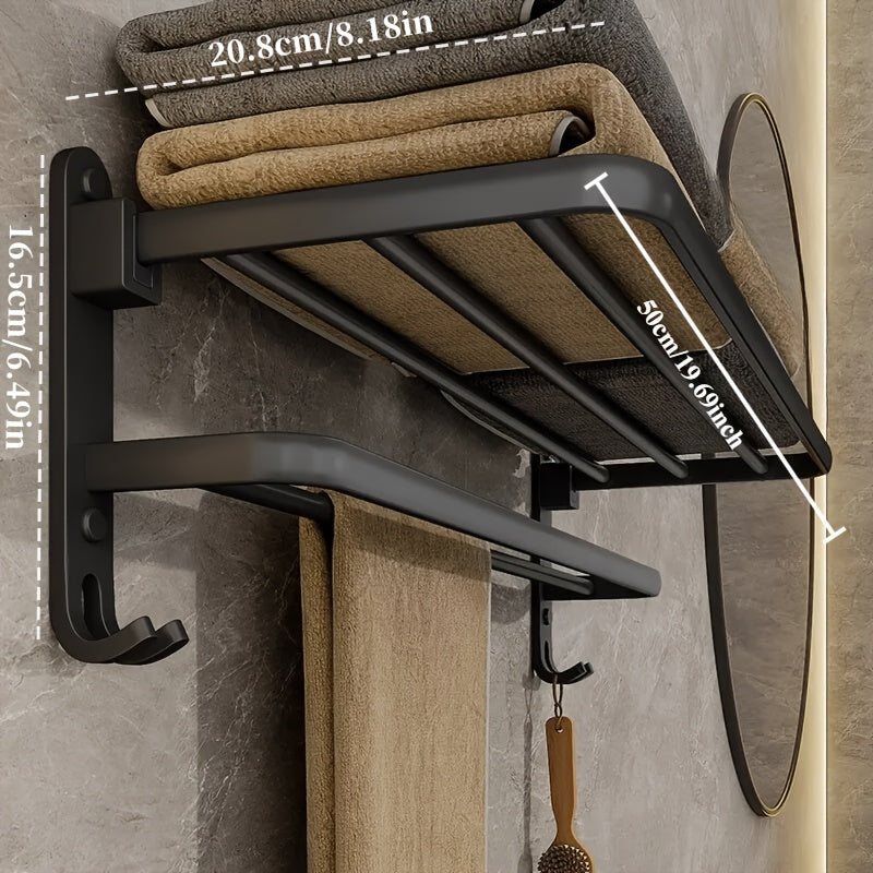 Porta toallas plegable de 50 cm, color negro mate, con gancho, montaje en pared, aluminio, soporte utilitario