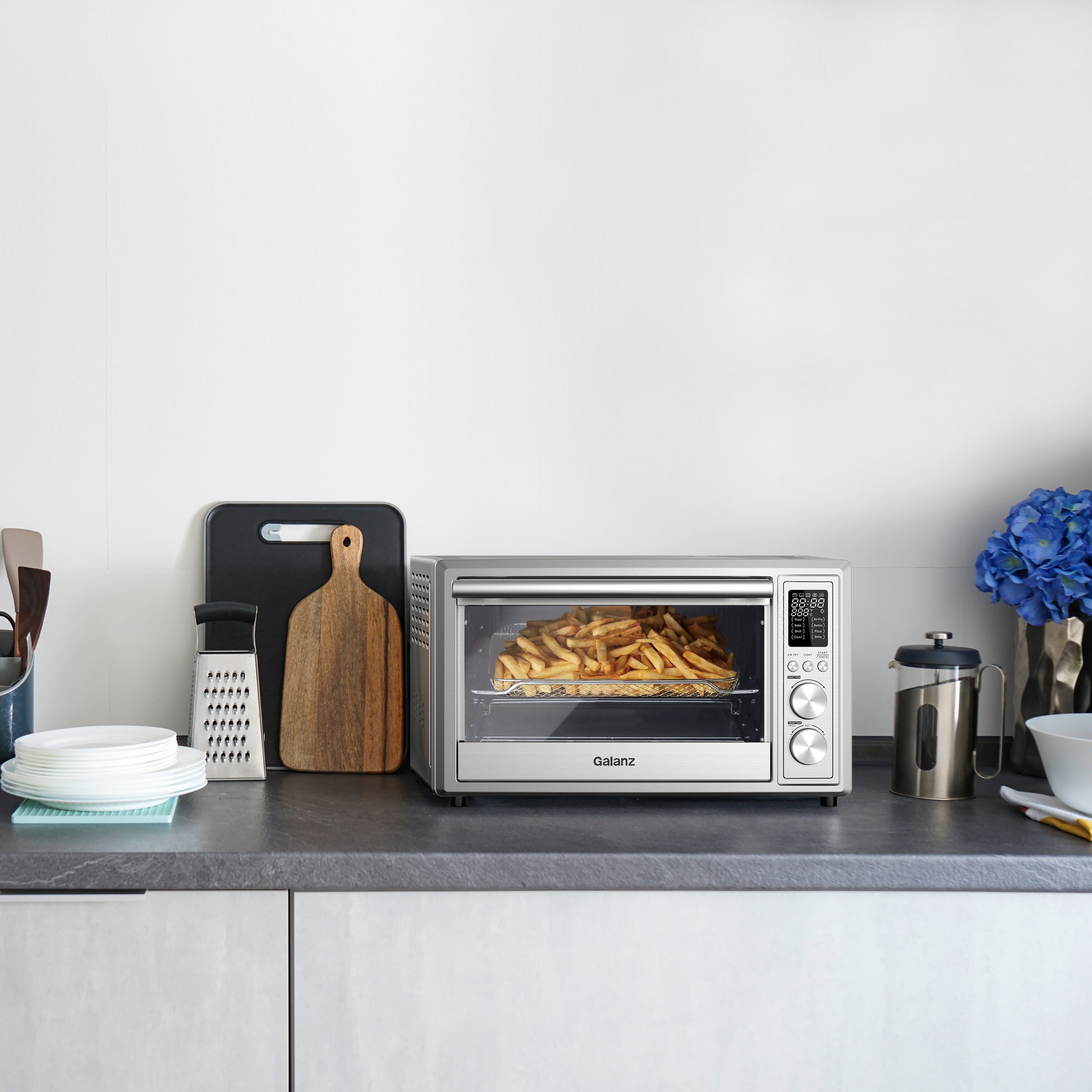Combinación de Freidora de Aire Galanz, Tostadora y Horno Digital, Combo de Asador Digital 5-en-1, Horno de Convección de Encimera, Tostadora de 6 Rebanadas con Deshidratador de Pizza, Sin Aceite, 4 Accesorios Incluidos, 1800W, 26 Quart, Acero Inoxidable
