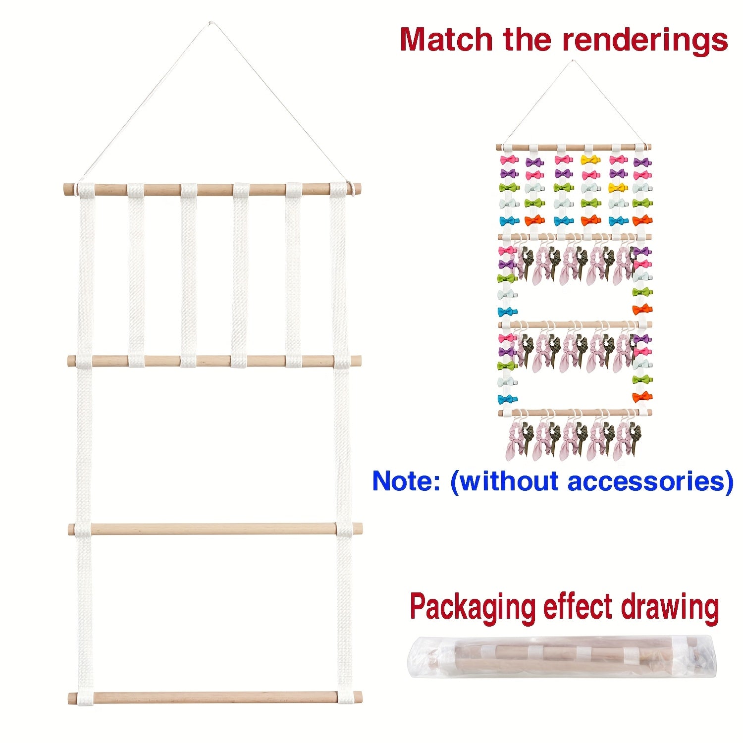 Estantería de almacenamiento para accesorios para el cabello con palos de madera, decoración de pared colgante para el hogar, 3 capas de creatividad, equipada con 30 ganchos de plástico desmontables