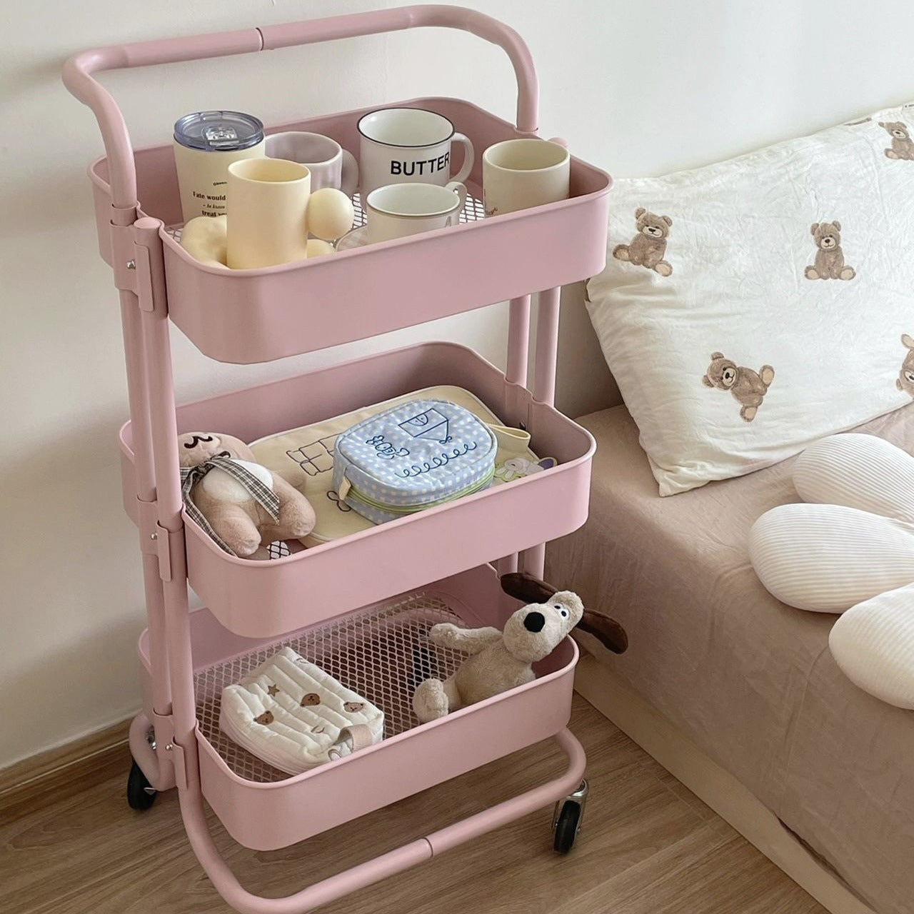 Carrito de almacenamiento de metal de 3 niveles, carrito de cocina rosa con ruedas, estante multifuncional para refrigerios para dormitorio y sala de estar, no requiere energía.