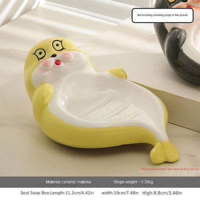 Caja de Jabón con Diseño de Foca de Dibujos Animados (1 pieza) - Soporte para Jabón Cerámico con Desagüe, Diseño Rectangular Lindo para Baño o Encimera del Inodoro, Estantes Creativos para Uso Doméstico