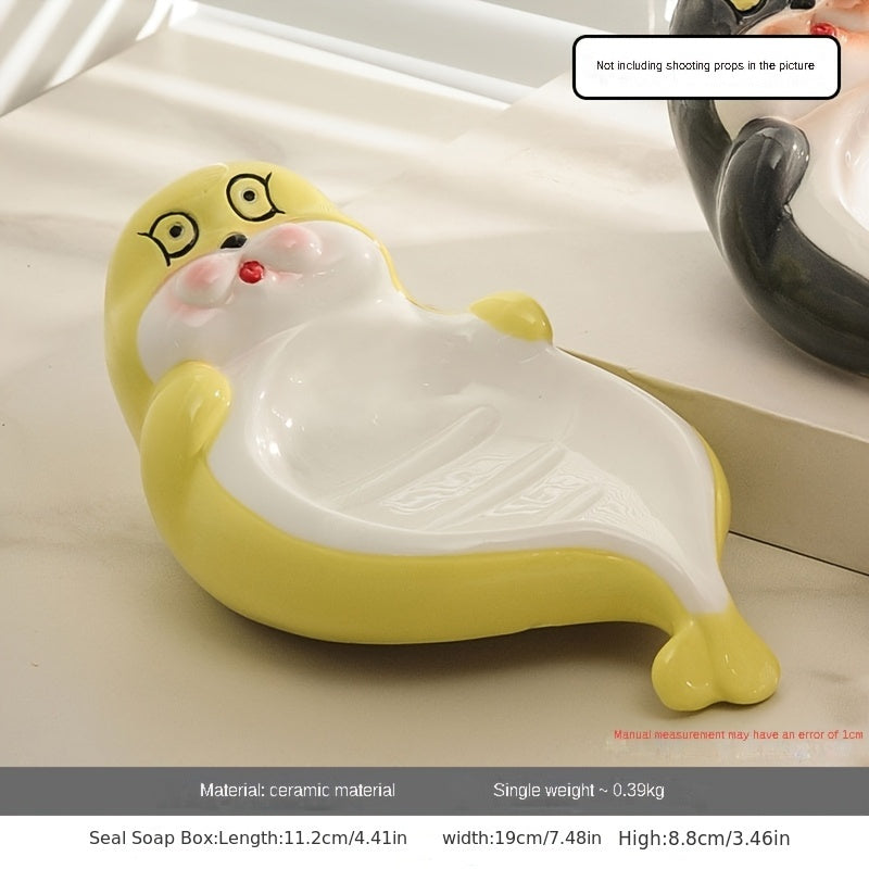 Caja de Jabón con Diseño de Foca de Dibujos Animados (1 pieza) - Soporte para Jabón Cerámico con Desagüe, Diseño Rectangular Lindo para Baño o Encimera del Inodoro, Estantes Creativos para Uso Doméstico