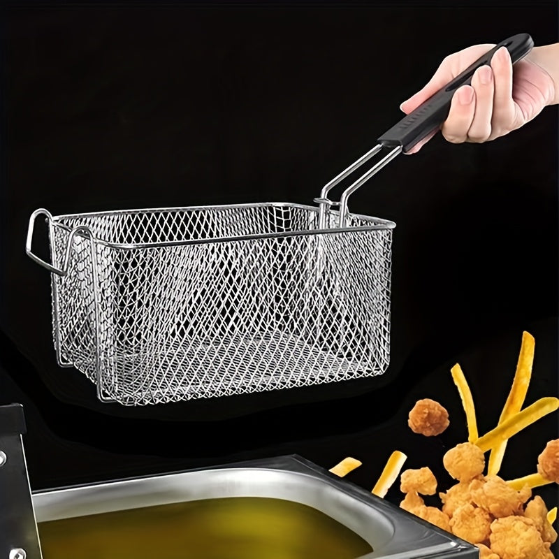Cesta de freír de acero inoxidable con mango plegable - Antideslizante, fácil de limpiar, ideal para papas fritas, alas de pollo y alimentos fritos - Ideal para cocinas comerciales y domésticas, equipo de cocina comercial, vajilla duradera.