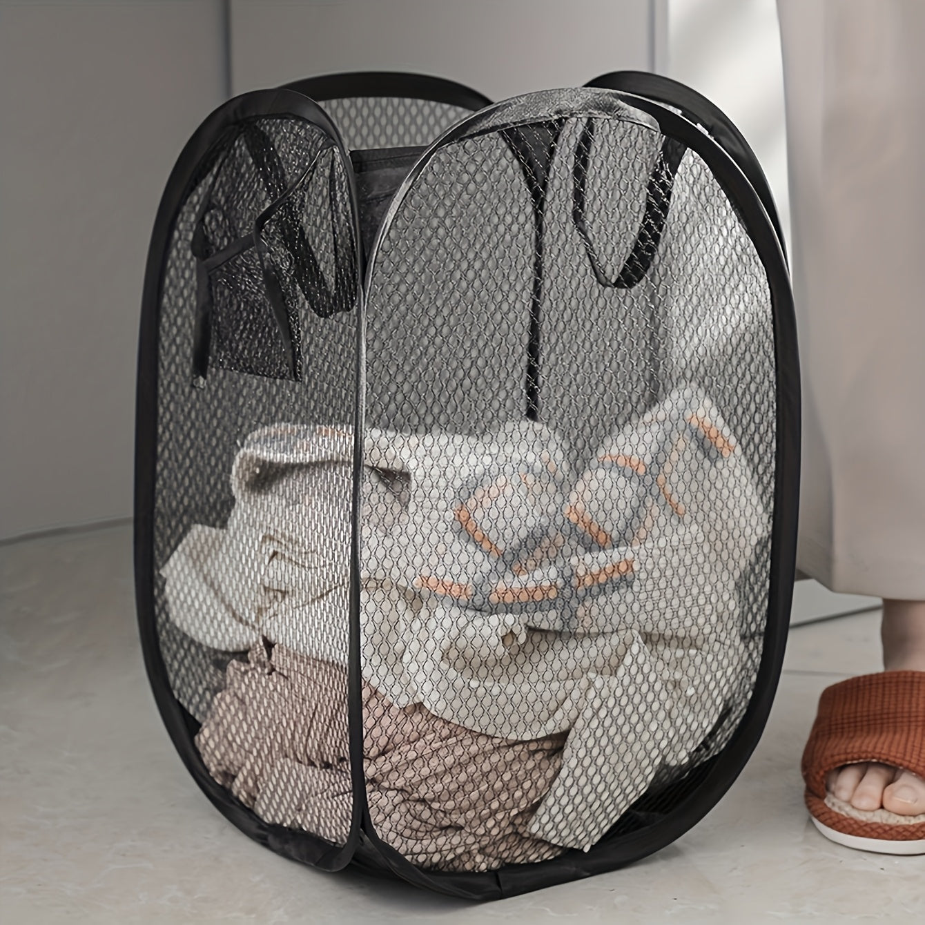 Cesta de lavandería emergente de gran capacidad con asas, cesta de lavandería de malla plegable para guardar ropa sucia, una solución práctica para el hogar, cestas de estantes