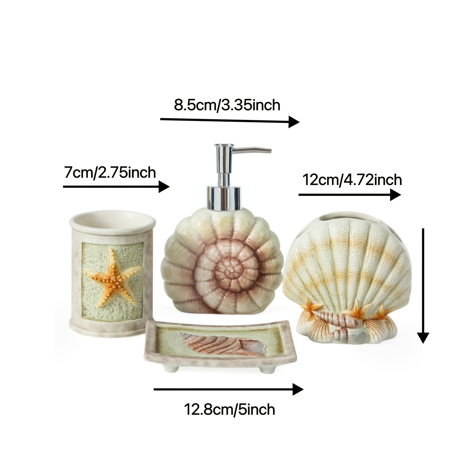 Conjunto de accesorios de baño de cerámica con conchas marinas de 4 piezas, 1 tazas para gargajeo, 1 soportes para cepillos de dientes, 1 platos para jabón, 1 dispensador de jabón (esmalte mate)