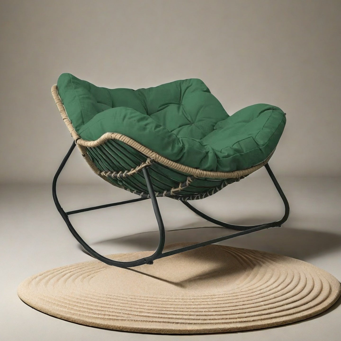 Mecedora de Hierro Tejido Rústico Vintage con Cojín Trenzado a Mano - Adecuada para Todas las Estaciones, Silla Decorativa de Estilo Campestre Americano para Sala, Balcón o Patio - Ideal para 13 Ocasiones Festivas
