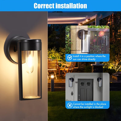 2 piezas de luces solares al aire libre LED con luz blanca/caliente, luces solares de pared, luces solares de pared impermeables para jardín, patio, patio, baranda (paquetes de 2 negros)
