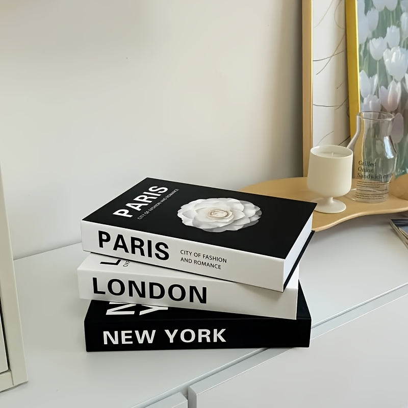 Un juego de libros falsos minimalista de tres piezas, elegantes libros decorativos, adornos realistas para estantes, accesorios de fotografía.