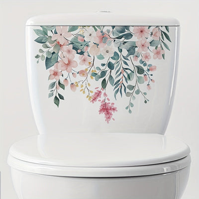 Cubierta decorativa floral para asiento de inodoro, autoadhesiva de PVC, reutilizable, con diseño de flores rosadas y durazno en tapa blanca, decoración para baño