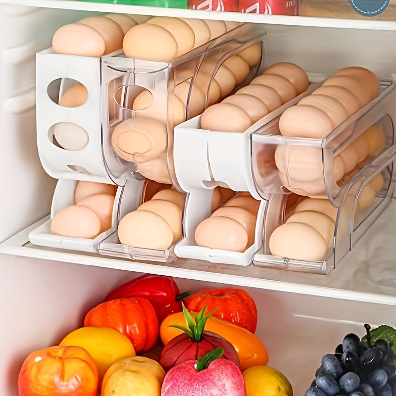Un soporte de huevo de tres niveles para el refrigerador puede almacenar hasta 20 huevos a la vez, con un diseño de rodadura automática para el almacenamiento y distribución de huevos.