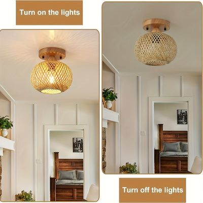 1pc Lámpara de techo de bambú tejida a mano - Estilo Bohemio, Eficiente en energía con base E26, Ideal para salón, dormitorio, cocina, pasillo, Iluminación de cocina | Iluminación de estilo bohemio | Lámpara de techo tejida a mano