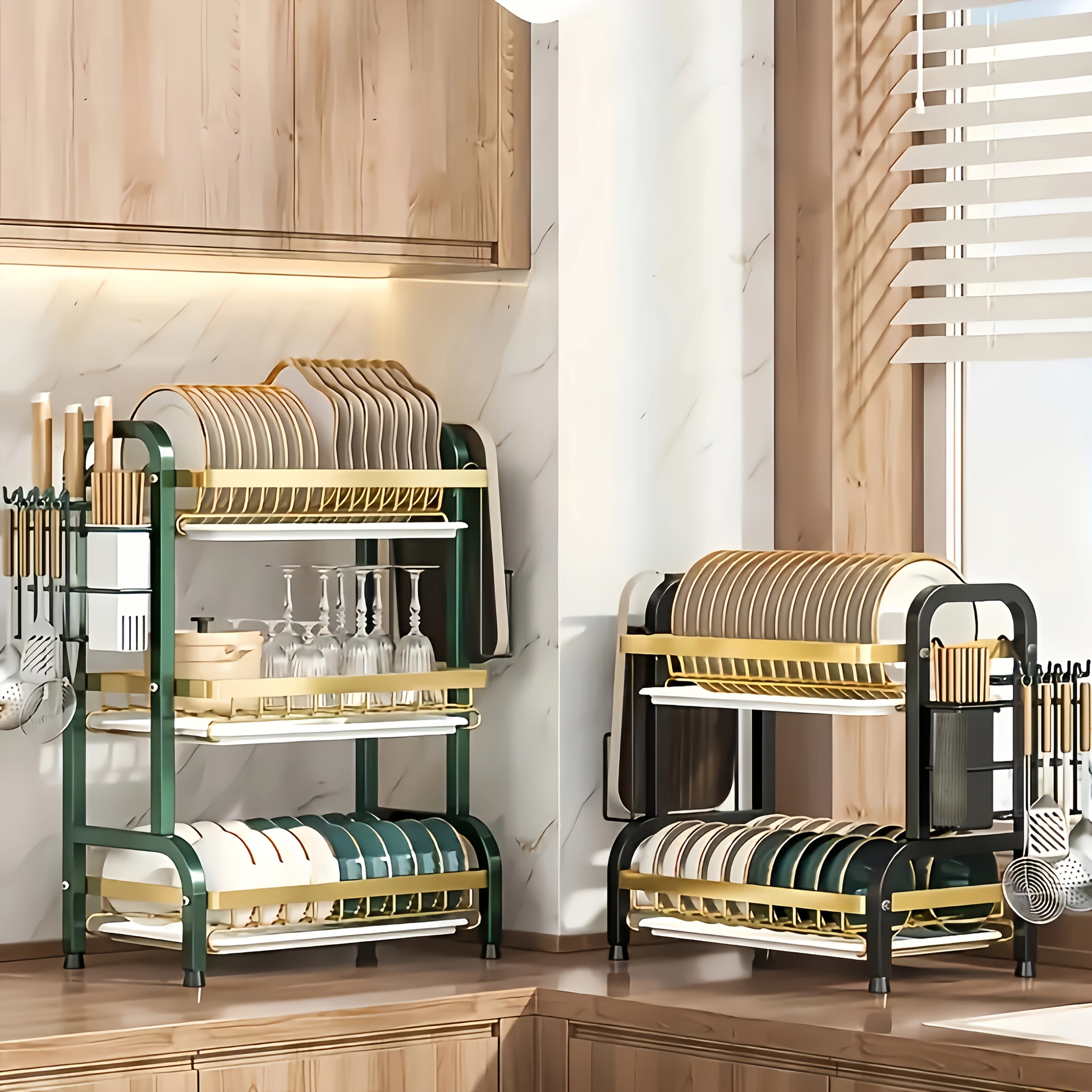 1pc Estante de Cocina Grande Doble Capa, Almacenamiento Rápido con Escurridor, Portacuchillos y Tenedores, Soporte para Tablas de Cortar - Organizador Multifuncional para Platos, Boles y Utensilios, Sin Resbaladuras en la Encimera