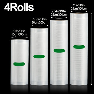 AGASHE 4 rollos de sellador de vacío de diferentes tamaños - Diseñados para un almacenamiento eficiente de alimentos y frescura - Ideales para empaquetar carnes frescas, mariscos, frutas y productos secos - Compatibles con la mayoría de los selladores de