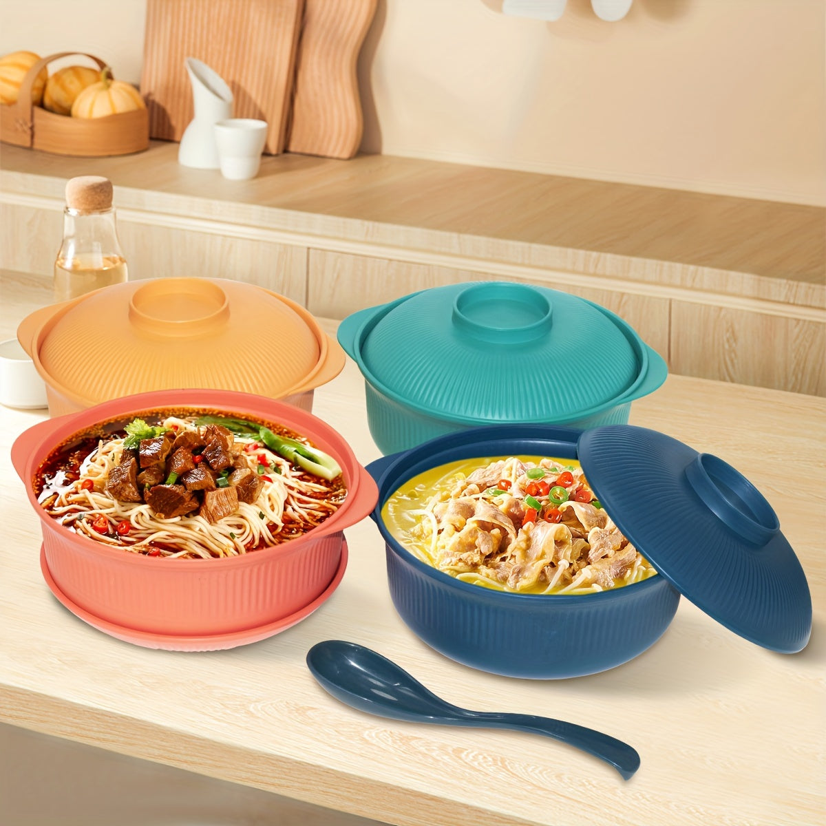 Juego de 2 piezas de tazón para sopa y ramen con tapa y cuchara, capacidad extra grande de 1100ml/38oz, apto para lavaplatos, ideal para estudiantes, lonchera bento o restaurantes familiares