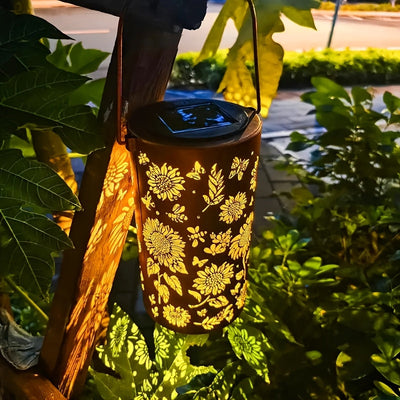 Iluminación ambiental decorativa para jardín con arte de hierro alimentado por energía solar y proyección de girasoles - Lámpara solar exterior de montaje semienterrado, luz cálida amarilla, carga de batería solar, decoraciones solares, decoración solar,