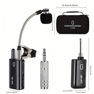 Artículo de Venta Caliente 2025: Micrófono sin varillas UHF para Saxofón, Microfono Clip-On para Instrumentos de Madera y Trompeta, Sistema Transmisor y Receptor Recargable con Distancia de Transmisión hasta 48.77 metros, Apto para Trompeta, Trompa Franc