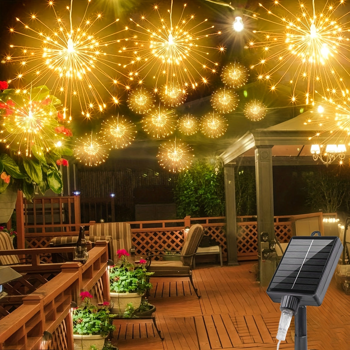 Luces de fuegos artificiales suspendidas alimentadas por energía solar, 8 modos de iluminación, alimentadas por energía solar, iluminación decorativa al aire libre, IP65, cálida/blanca/colorida, adecuadas para decorar fiestas de cumpleaños y fiestas navi