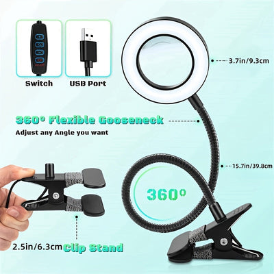 Lámpara de escritorio con lupa para estudio de tatuajes LYYKLLY, luz LED con cambio de color y brillo ajustable, protección para los ojos con abrazadera para leer, oficina, trabajo cercano, lámpara de escritorio de metal alimentada por USB para artista d