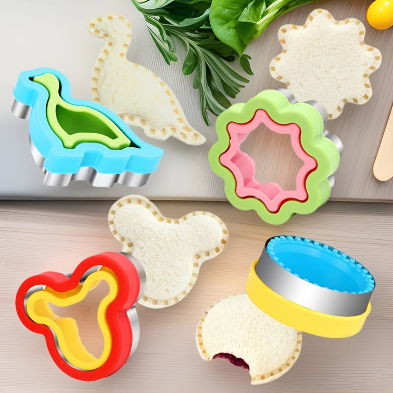 Juego de Cortador y Sellador de Sándwiches de 4 Piezas - Acero Inoxidable, Antiadherente para Hacer Galletas y Pan DIY - Formas Divertidas Incluyendo Dinosaurio, Ratón, Flor, Círculo - Ideal para Niños y Adultos, Colores Aleatorios