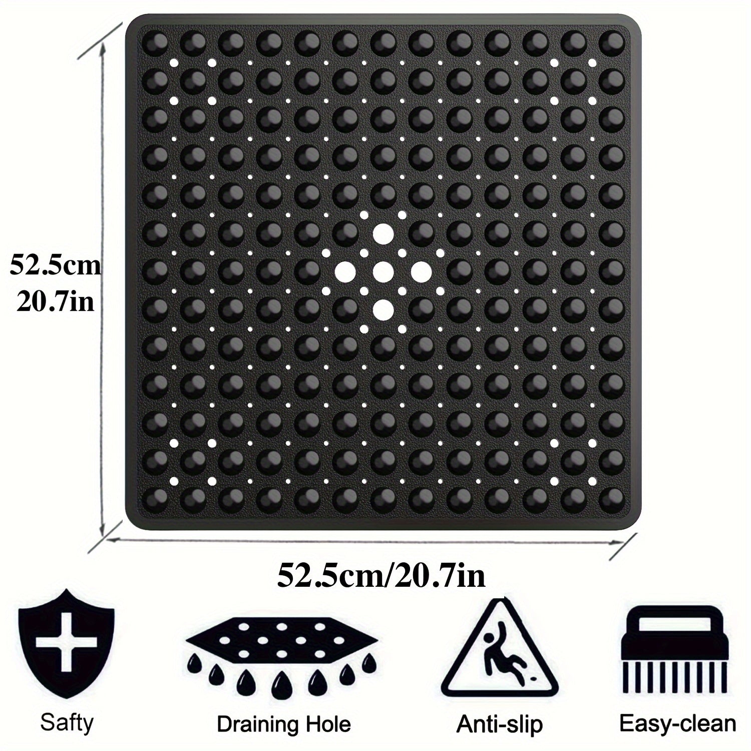 Alfombrilla de Baño Cuadrada de 1 pieza, Antideslizante con Orificio de Drenaje y Ventosas de Gran Capacidad de Absorción, Fácil de Limpiar, Lavable en Máquina, 53.34x53.34cm, Alfombra para Ducha, Alfombra para Bañera, Decoración del Hogar