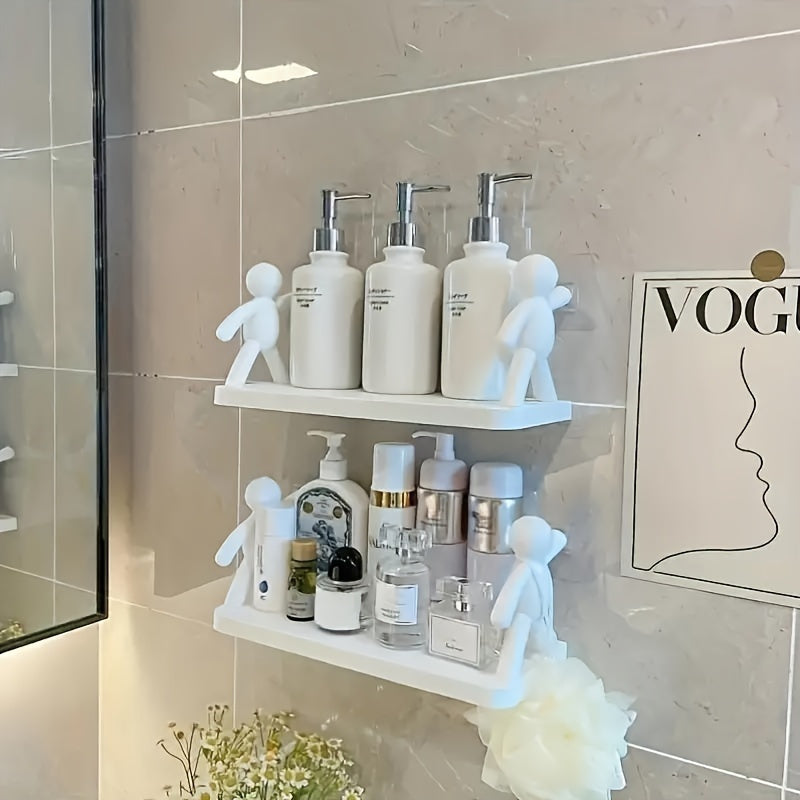 Estantes de pared modernos de plástico con figuras humanoides - Estantería de almacenamiento de varios niveles para baño, cocina o decoración de baño, detalles blancos y dorados, diseño de colgamiento de pared, estantes de baño | Estantes de pared modern