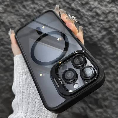 Funda metálica semitransparente antideslizante y antigolpes premium para iPhone 16, 15, 14, 13 y 12 Pro Max, además de 14 y 15 Plus, con cierre magnético, carga inalámbrica y protección contra caídas, incluye cubierta protectora para el lente de la cámar