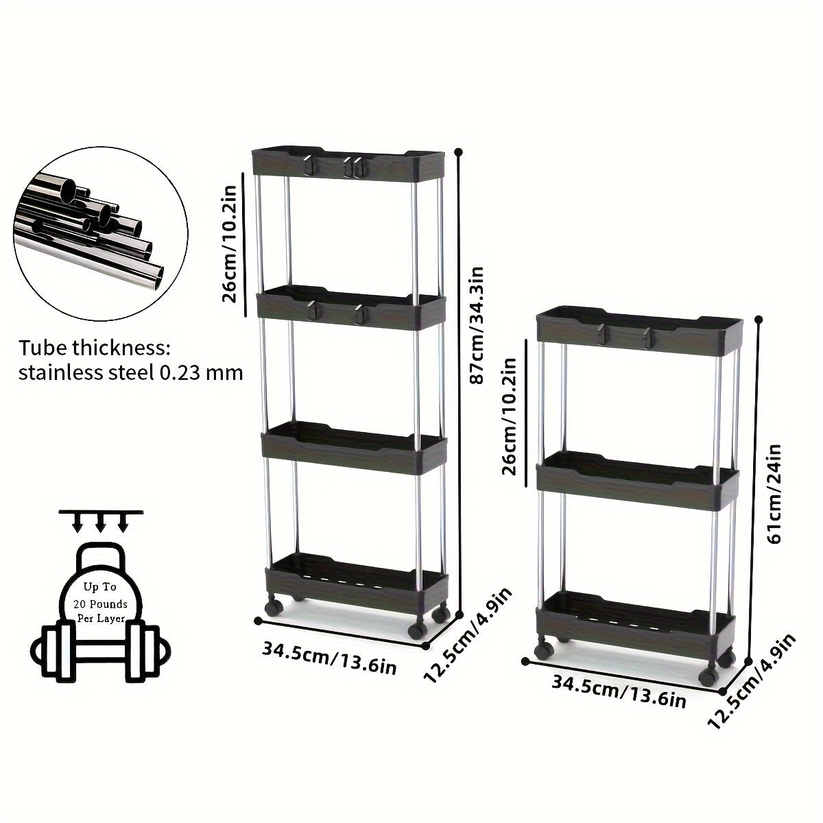 Carrito de Almacenamiento Rodante 3/4 Niveles con 4 Ruedas - Organizador Móvil para Baño, Cocina y Lavandería - Estructura Duradera de Plástico y Metal, Estantes Ajustables, Diseño Compacto para Espacios Estrechos, Carro Multinivel, Ruedas Easyglide