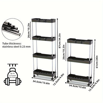 Carrito de Almacenamiento Rodante 3/4 Niveles con 4 Ruedas - Organizador Móvil para Baño, Cocina y Lavandería - Estructura Duradera de Plástico y Metal, Estantes Ajustables, Diseño Compacto para Espacios Estrechos, Carro Multinivel, Ruedas Easyglide