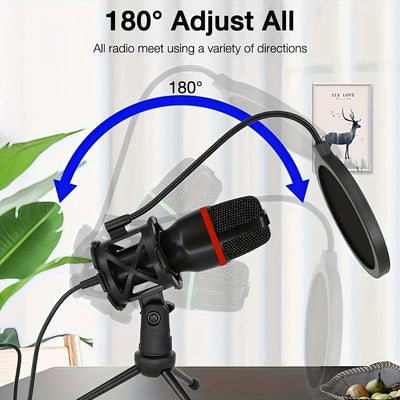 Microfono Capacitivo USB Plug & Play de 3.5 mm para Streaming, Grabación y Gaming - Cuello Ajustable, Soporte Incorporado, Captura de Sonido en Ángulo Total de 180°, Compatible con PC/Portátil (), Diseño Flexible, Micrófono Alimentado por USB