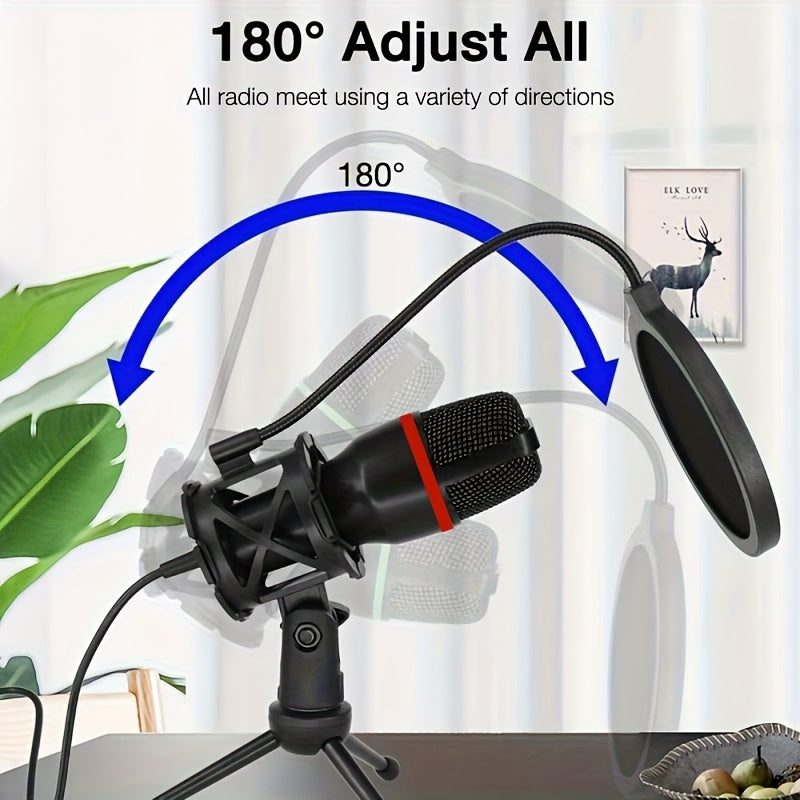 Microfono Capacitivo USB Plug & Play de 3.5 mm para Streaming, Grabación y Gaming - Cuello Ajustable, Soporte Incorporado, Captura de Sonido en Ángulo Total de 180°, Compatible con PC/Portátil (), Diseño Flexible, Micrófono Alimentado por USB