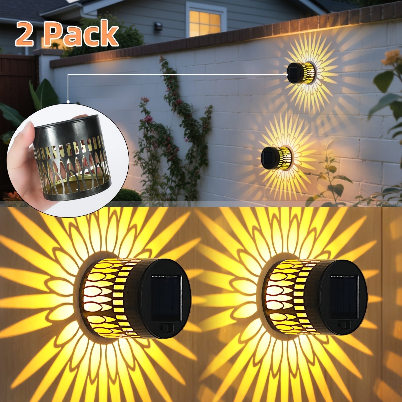 2 Paquetes de Linterna Solar para Exteriores - Adecuados para la Iluminación de Fachadas de Casas Exteriores IP65, Linternas Redondas para Fachadas de Porches más Brillantes con Función Automática de Crepúsculo para Iluminación de Exteriores de Granjas -