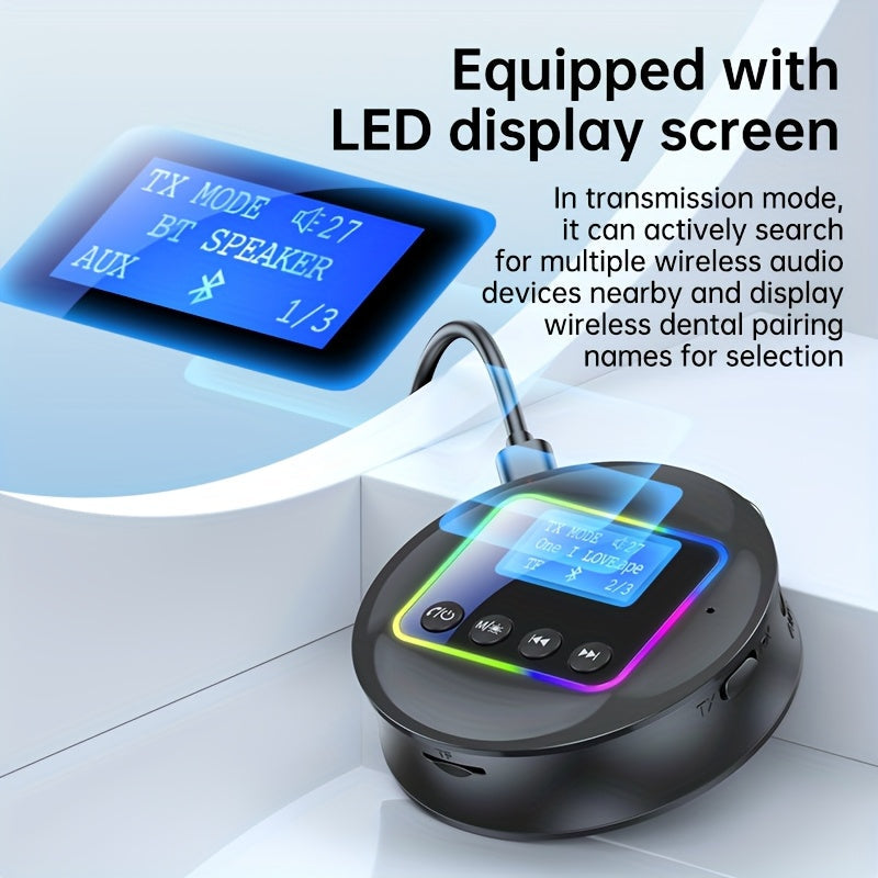 Adaptador de Altavoz sin varillas 5.4 con Pantalla Digital, Soporte para Tarjeta AUX/RCA/TF, Rango de 10m, Luz Ambiente RGB, Sonido Hi-Fi para Uso en Casa y Coche - Diseño Redondo , Alimentado por USB, Mejora del Audio Doméstico | Accesorio de Audio Mode