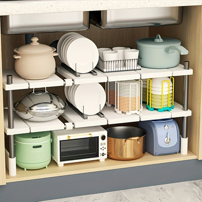 Estante de almacenamiento ajustable de acero inoxidable debajo del fregadero - Estante organizador de gabinete de cocina de un solo nivel/doble nivel, diseño no hueco, material de metal y plástico
