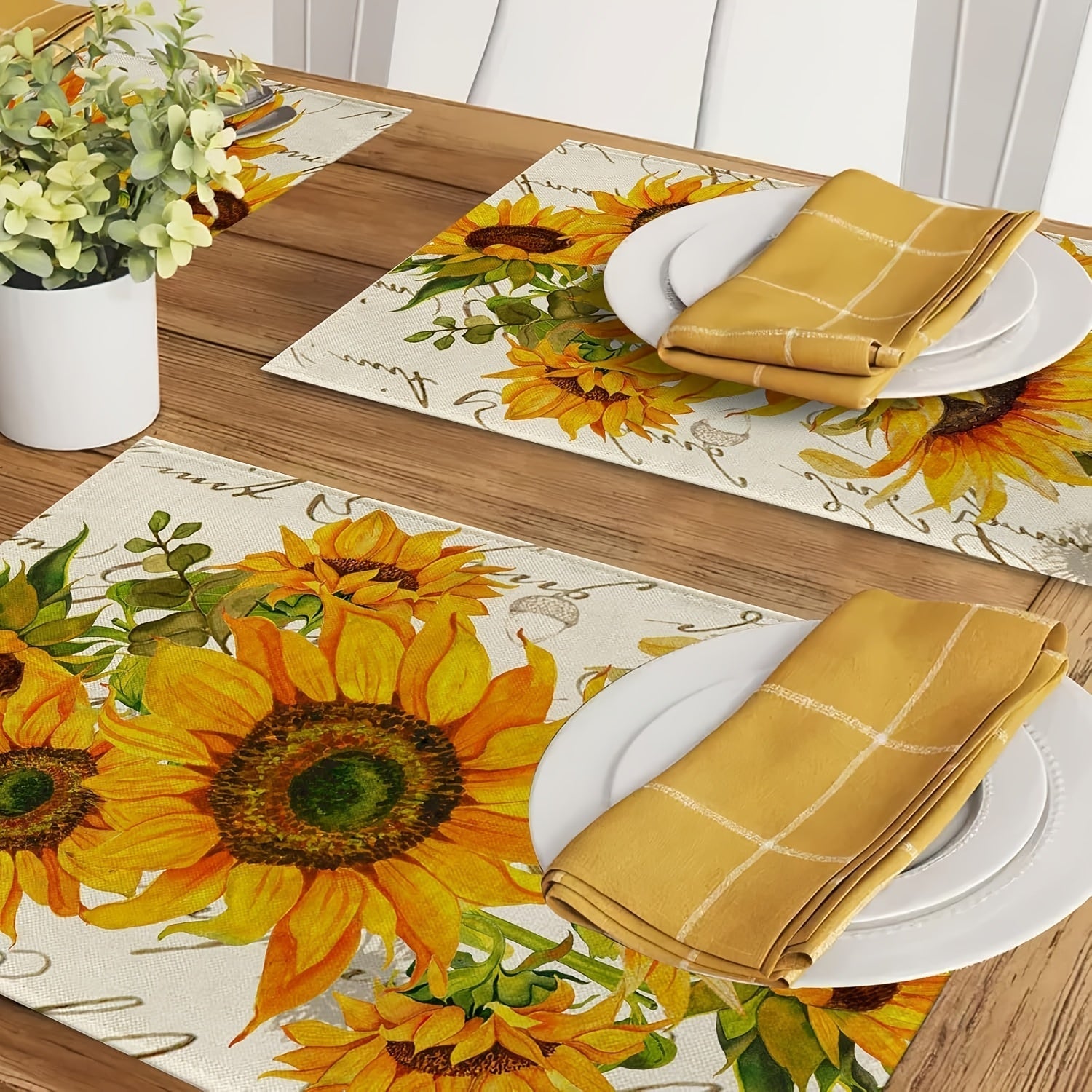 4-Unidades de Placemats de Girasol, 30.48x45.72 cm de Poliéster Rectangular Mats de Mesa, Lavable a Mano Tejido Decorativo Place Mats con Diseño de Flor de Girasol y Hojas de Eucalipto Vintage Amarillo para Decoración de Hogar y Cocina