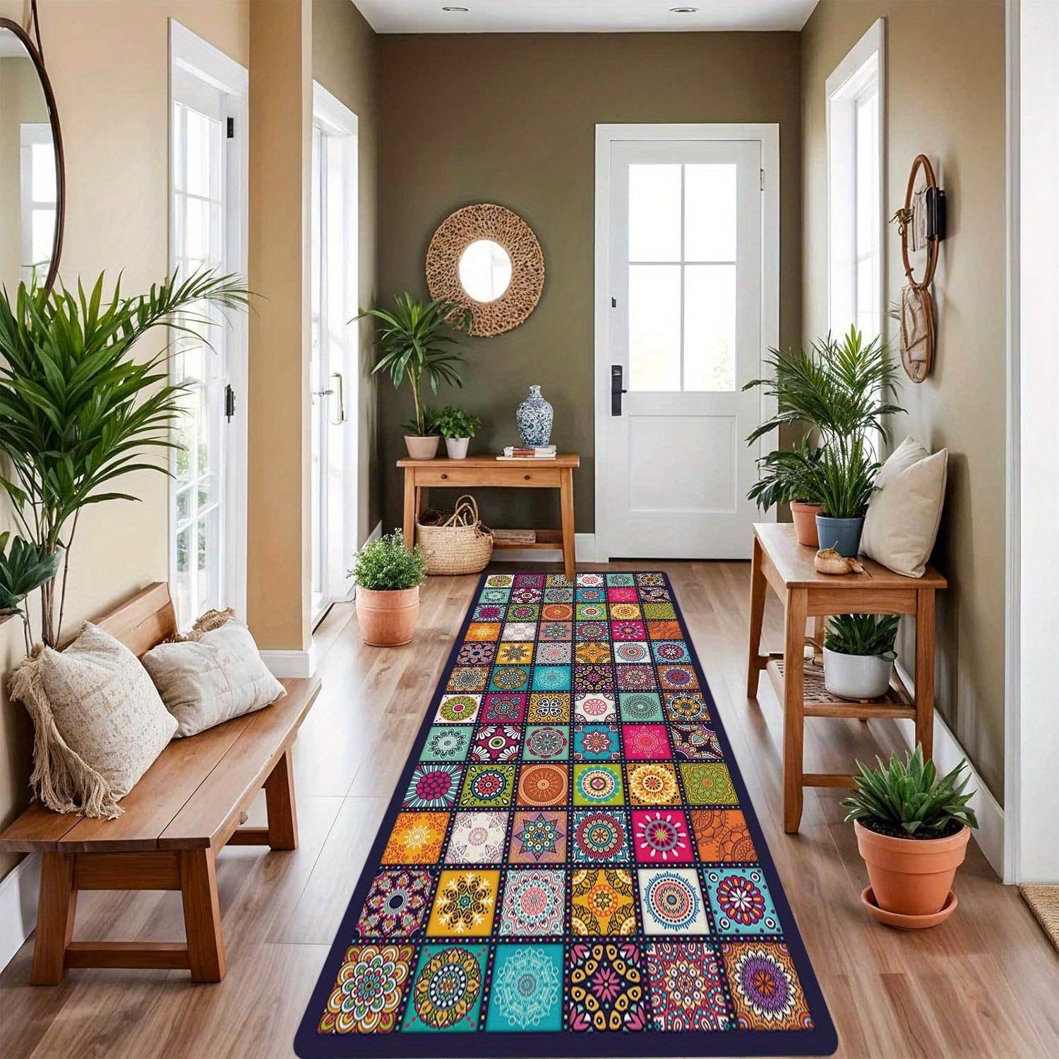 Tapete de cocina moderno y elegante con estampado vintage de mandala - Alfombra antideslizante y suave para comedor, bar y lavandería - Decoración para el hogar en poliéster lavable a máquina