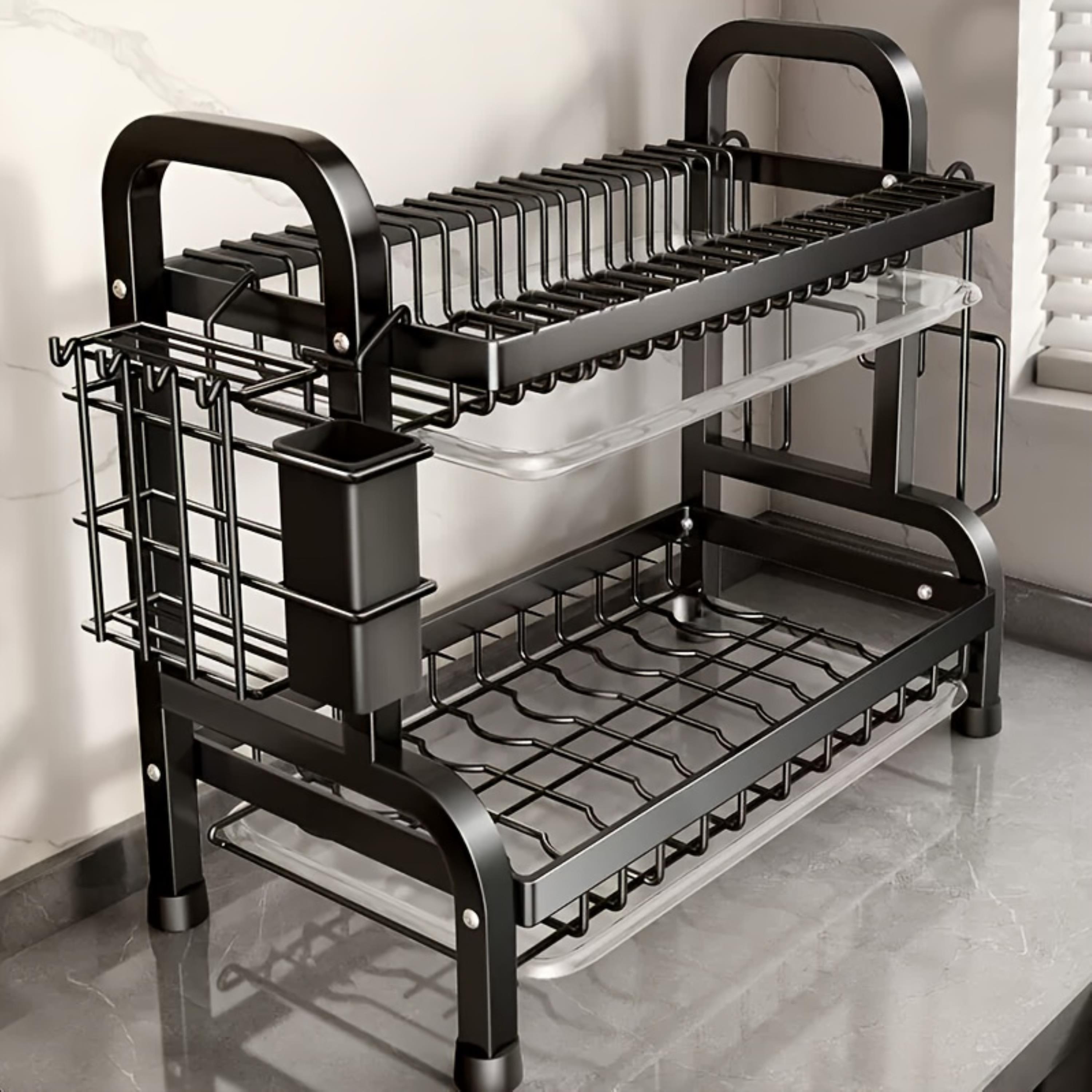 1 Estante de Cocina Grande de Doble Nivel, Organizador Multinivel con Soporte para Cuchillos y Tenedores, Tabla de Cortar, Sin Resbaladuras - Estantería Multifuncional para Boles, Platos y Vajilla, Reemplazo Comercial para Lavavajillas