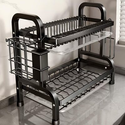 1 Estante de Cocina Grande de Doble Nivel, Organizador Multinivel con Soporte para Cuchillos y Tenedores, Tabla de Cortar, Sin Resbaladuras - Estantería Multifuncional para Boles, Platos y Vajilla, Reemplazo Comercial para Lavavajillas
